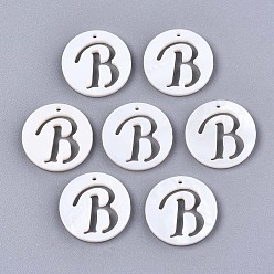 Letter B Natural Freshwater Shell Charms, Flat Round with Hollow Out Letter, Letter.B, 14.5x1.5mm, Hole: 0.9mm