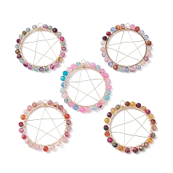 Light Gold Natural Agate Dyed & Heated Faceted Round Beaded Pendants, Copper Wire Wrapped Pentagram Charms, Light Gold, 43~44x43x4mm, Hole: 4mm