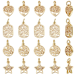 Настоящее золото 18K 24шт 4 стиль стойка покрытие латунные подвески, с целью перехода в кольце, без свинца и без кадмия, полый, сердце/плоский круглый/звезда/прямоугольник с подвеской дерево жизни, реальный 18 k позолоченный, 12~13x10~10.5x1.5 мм, отверстие : 3 мм, 6 шт / стиль