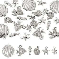 Stainless Steel Color 24Pcs 6 Styles 304 Stainless Steel Pendants, Ocean Theme Charm, Stainless Steel Color, 12.5~23x5~20x2~4.5mm, Hole: 0.8~1.8mm, 4pcs/style