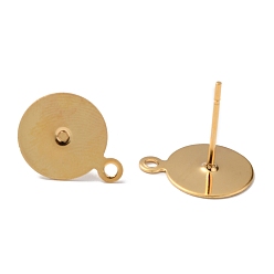 Golden 304 Stainless Steel Stud Earring Findings, with Loop and Flat Plate, Flat Round, Golden, 13x10mm, Hole: 1.4mm, Pin: 0.7mm