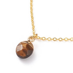 Tiger Eye Natural Tiger Eye Pendant Necklaces, with Golden Plated Brass Cable Chains, Oval, 18-7/8 inch(48cm)