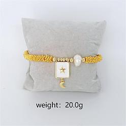 Звезда Прямоугольные браслеты с подвесками из латуни в стиле бохо, круглые бусины эластичные браслеты для женщин, с жемчугом и эмалью, золотые, звезда, внутренний диаметр: 2-3/8 дюйм (6 см)