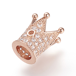 Rose Gold Brass Micro Pave Cubic Zirconia Beads, Cadmium Free & Lead Free, Crown, Rose Gold, 12x10mm, Hole: 1~5mm