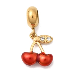 Золотой 304 европейские подвески-шармы с фруктами из нержавеющей стали с красной эмалью, подвески вишневые с большим отверстием и хрустальными стразами, ионное покрытие (ip), золотые, 23 мм, отверстие : 4.5 мм