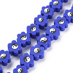 Средно-синий Ручной полимерные нити глины шарик, цветок с инь янь, светло-синий, 7~9x7~9x4~5 мм, отверстие : 1.2~1.4 мм, около 40 шт / нитка, 12.24 дюйм ~ 12.80 дюйм (31.1 см ~ 32.5 см)