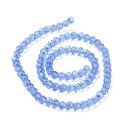 Cornflower Blue Electroplate Glass Beads Strands, Half Rainbow Plated, Faceted, Rondelle, Cornflower Blue, 4x3mm, Hole: 0.4mm, about 123~127pcs/strand, 16.5~16.9 inch(42~43cm)