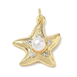 Морская звезда Латуни циркония кубической подвески, с имитацией жемчужины из АБС-пластика и соединительным кольцом, без свинца и без кадмия, долговечный, стойки покрытие, реальный 18 k позолоченный, морская звезда, 19x17x8.5 мм, отверстие : 3 мм