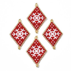 FireBrick MIYUKI & TOHO Japanese Seed Beads, Handmade Links, Rhombus with Snowflake Loom Pattern, FireBrick, 42.5x26x2mm, Hole: 1.5mm