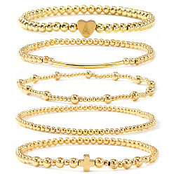 Letter A Brass and Stainless Beaded Stretch Bracelet Sets, Heart Letter Multi-Layer Adjustable Stackable Bracelets for Women, Golden, Letter A, 6.89 inch(17.5cm), 5pcs/set