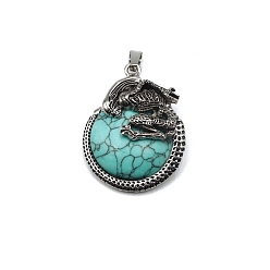 Synthetic Turquoise Synthetic Turquoise  Pendants, with Antique Silver Alloy Finding, Flat Round with Skull Charms, 40x35mm