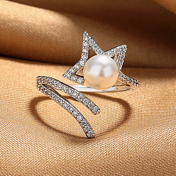 Серебро Открытые кольца-манжеты из латуни со стразами и искусственным жемчугом для женщин, звезда, серебряные, 15~20 мм