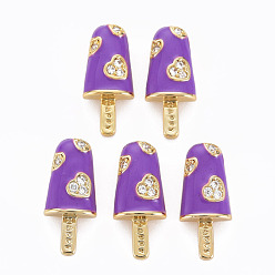 Blue Violet Brass Micro Pave Clear Cubic Zirconia Pendants, with Enamel, Cadmium Free & Nickel Free & Lead Free, Real 16K Gold Plated, Ice Cream with Word Happy, Blue Violet, 20x8.5x3.5mm, Hole: 3.5x2mm