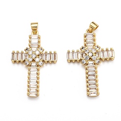 Прозрачный Латунные микропаве прозрачные подвески с фианитом, долговечный, реальный 18 k позолоченный, крестик, прозрачные, 35x23.5x4.5 мм, отверстие : 3x4 мм