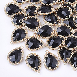 Черный Прозрачные стеклянные подвески, с латунной фурнитурой , граненые, слеза, золотой свет, чёрные, 19x14x4.5 мм, отверстие : 1.2 мм