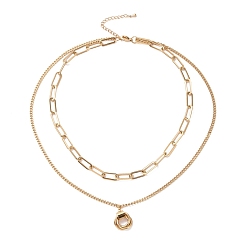 Golden PVD Vacuum Plating 304 Stainless Steel Double Chains Multi Layered Necklace with Rings Charm for Women, Golden, 16.34 inch(41.5cm)