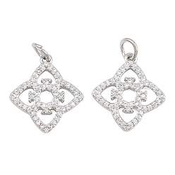 Real Platinum Plated Brass Micro Pave Clear Cubic Zirconia Pendants, Rhombus Flower Charms, Real Platinum Plated, 17.5x16x2.5mm, Hole: 3mm