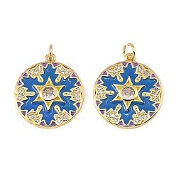 Chapado en Oro Real 18K Latón micro pavimenta claro colgantes de circonio cúbico, con esmalte azul, redondo plano con encantos de estrellas, real 18 k chapado en oro, 23.5x21x3 mm, agujero: 3 mm