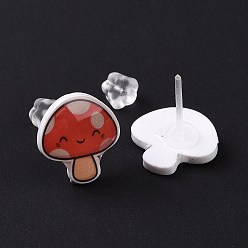 Red Acrylic Cartoon Mushroom Stud Earrings with Platic Pins for Women, Red, 12~12.5x12~12.5mm, Pin: 1mm