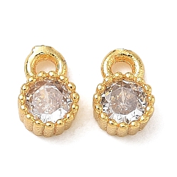 Golden Brass Pave Clear Cubic Zirconia Charms, Flat Round Charms, Single Stone Charms, Rack Plating, Long-Lasting Plated, Golden, 6x4x2.3mm, Hole: 1.2mm