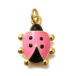 Ярко-Розовый Латунные подвески, без кадмия, без никеля и без свинца, с эмалью, прелести божьей коровки, реальный 18 k позолоченный, ярко-розовый, 21x15.5x5.5 мм, отверстие : 3.5 мм