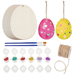 Mixed Color DIY Easter Pendant Decoration Making Kits, Including Unfinished Egg Shape Wooden Pendants, Jute Twine, Plastic Empty Paint Palette & Paint Brushes Pens, Mixed Color, Pendants: 15x11.4x0.2cm, hole: 5mm, 10pcs/set