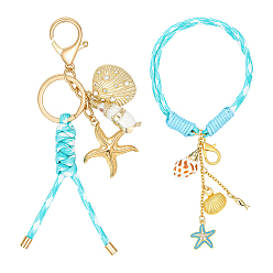 Бледно-бирюзовый 2 шт. подвесные украшения и брелоки из полиэстера в виде морских звезд, с кольцами из ракушек и сплава и застежками-карабинами из сплава, золотые, бледные бирюзовая, 69~74 мм