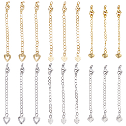 Platinum & Golden 24Pcs 6 Style Brass Chain Extender, with Lobster Claw Clasps and Heart Charm, Platinum & Golden, 69~76x3mm, Hole: 2.5mm, 4Pcs/style