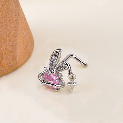 Кролик Стиль бохо 304 Г-образные кольца для носа из нержавеющей стали с розовыми кубическими цирконами, цвет нержавеющей стали, кролик, 8 мм