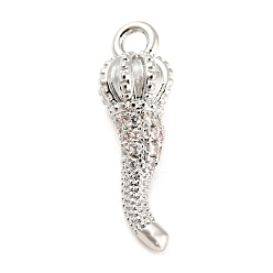 Platinum Rack Plating Brass Micro Pave Cubic Zirconia Pendants, Long-Lasting Plated, Lead Free & Cadmium Free, Horn Charm, Platinum, 19x5.5mm, Hole: 1.8mm