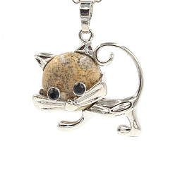 Picture Jasper Natural Picture Jasper Pendants, with Platinum Plated Brass Findings, Cat Shape Charms, 35x29x10mm