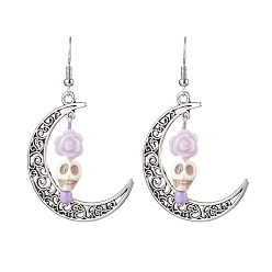 лаванда Серьги с подвесками из синтетического бирюзового сплава на Хэллоуин, женские серьги из латуни и смолы, Луна с черепом, лаванда, 58x35 мм