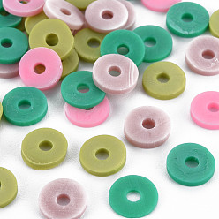 Misty Rose 4 Colors Handmade Polymer Clay Beads, Heishi Beads, Disc/Flat Round, Misty Rose & Pearl Pink & Yellow Green & Medium Sea Green, 8x0.5~1.5mm, Hole: 2mm, about 11500pcs/1000g