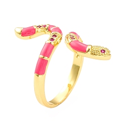 Темно-Розовый Открытое кольцо-манжета в виде змеи с кубическим цирконием и эмалью, настоящие позолоченные украшения из латуни для женщин, без свинца и без кадмия, темно-розовыми, внутренний диаметр: 18 мм