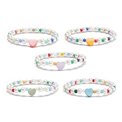 Mixed Color Natural Shell Heart Beaded Stretch Bracelet with Glass Pearl for Women, Mixed Color, Inner Diameter: 2-1/8 inch(5.3cm)
