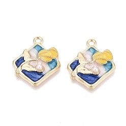 Королевский синий Подвески из эмали и сплава, Подвески в виде ромба и розы, с ABS имитации жемчуга, золотой свет, королевский синий, 23x20x4.5 мм, отверстие : 1.8 мм