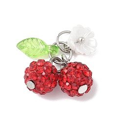 Красный Подвески-вишни из полимерной глины ручной работы со стразами, с железными штифтами с плоской головкой, латунными штифтами с шаровидной головкой, прозрачными акриловыми подвесками, колпачками из искусственного жемчуга и 304 соединительными кольцами из нержавеющей стали, красные, 18 мм, отверстие : 4.5 мм