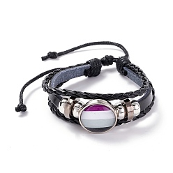 White PU Leather Braided Cord Multi-strand Bracelet, Flat Round with Stripe Pattern Alloy Links and Beads Bracelet for Men Women, Platinum, White, Inner Diameter: 2-1/4~ 3-1/4 inch(5.8~8.2cm)