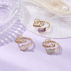 Light Gold 3шт. кольца из натурального аметиста, зеленого авантюрина и розового кварца, открытые манжетные кольца, обмотанные латунной проволокой, золотой свет, внутренний диаметр: 18.5~19 мм