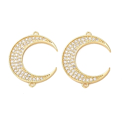 Real 18K Gold Plated Brass Micro Pave Clear Cubic Zirconia Connector Charms, Moon Links, Rack Plating, Long-Lasting Plated, Cadmium Free & Lead Free, Real 18K Gold Plated, 23x19x2mm, Hole: 1mm