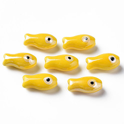 Yellow Handmade Porcelain Beads, Famille Rose Style, Fish, Yellow, 19.5x10x8mm, Hole: 2mm
