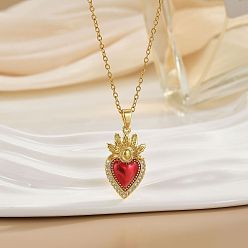 Красный Подвеска в виде священного сердца из латуни с микропаве из прозрачного кубического циркония и эмалью 304 цепочка из нержавеющей стали, золотые, красные, 15.75 дюйм (40 см), Кулон : 30 мм