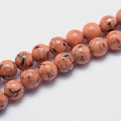 Coral Sea Shell and Synthetic Turquoise Assembled Beads Strands, Round, Coral, 8~9mm, Hole: 1.2mm, about 49~50pcs/strand, 15.3~15.7 inch(39~40cm)