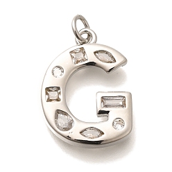 Letter G Латунные микропаве прозрачные подвески с фианитом, с целью перехода в кольце, без свинца и без кадмия, долговечный, стойки покрытие, письмо амулеты, платина, Буква G, 20.5x15x2.7 мм, Перейти кольцо: 5x1 мм, 3 mm внутреннего диаметра.