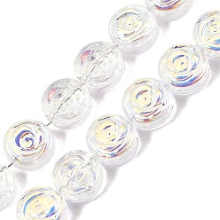 Claro Pintura de horneado galvanizada cuentas de vidrio transparentes hebras, plano y redondo con flor rosa, color de ab chapado, Claro, 10x5.3 mm, agujero: 1 mm, sobre 65 unidades / cadena, 25.20'' (64 cm)