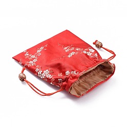 Red Silk Packing Pouches, Drawstring Bags, with Wood Beads, Red, 14.7~15x10.9~11.9cm