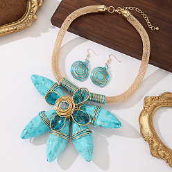Cyan Aluminum & Resin Flower Statement Jewelry Set, Chunky Bib Necklace & Dangle Earrings Sets for Women, Cyan,  480~550mm