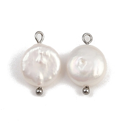 Нержавеющая Сталь Цвет Подвески из натурального пресноводного жемчуга Кеши, плоские круглые прелести, с 304 петлями из нержавеющей стали, белые, цвет нержавеющей стали, 15.5~17x9~10.5x4~5.5 мм, отверстие : 1.6~3 мм