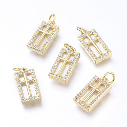 Настоящее золото 18K Латунные микро проложить кубического циркония подвески, с прыжковыми кольцами и натуральной оболочкой, долговечный, без кадмия и без свинца и без никеля, для религии, прямоугольник с крестом, прозрачные, реальный 18 k позолоченный, 16x8x3 мм, отверстие : 3.4 мм