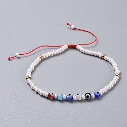 Colorful Adjustable Nylon Thread Braided Beads Bracelets, with Handmade Evil Eye Lampwork Round Beads, Round Glass Seed Beads and Brass Beads, Colorful, 2 inch~3-3/8 inch(5~8.4cm)